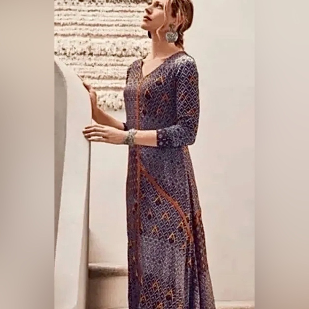 ♠️Soft Surroundings Mercado Maxi Dress Long Slv Beaded Boho Womens Petite XL